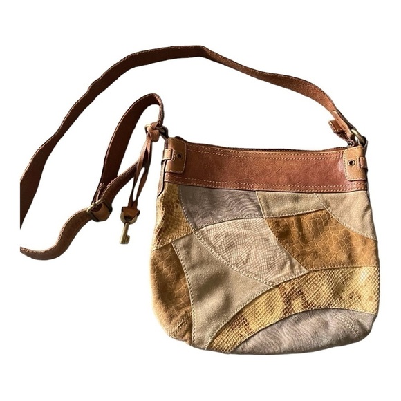 VINTAGE FOSSIL-LEATHER AND SUEDE PATCHWORK CROSSBODY - Picture 1 of 11
